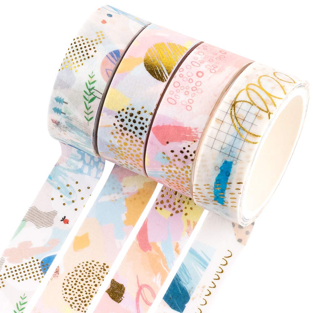 YUBBAEX Gold Washi Tape Set IG Style Foil Scrapbook Tape Craft Supplies for DIY, Decorative Craft, Gift Wrapping, Scrapbooking 4 Rolls x 15mm Wide