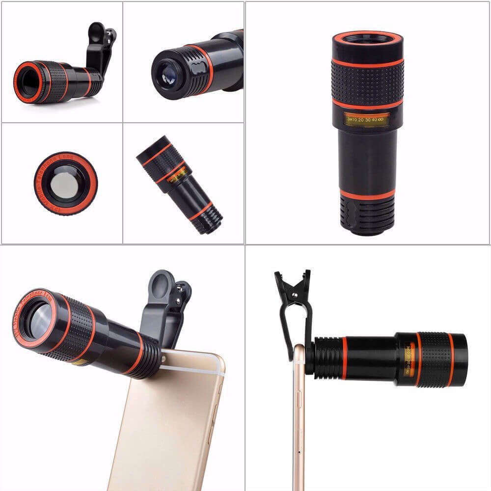 Enshey Objectif Zoom Lentille, Lentille de Caméra Lens Téléobjectif Zoom Lentille Optique 12x Objectif Micro + Fisheye Suprême 70° + Objectif Grand Angle - Universel