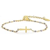 HMOOY 14K Gold Plated Cross Beaded Bracelet for Women, Religious Faith Cross Adjustable Stainless Steel Bracelet Link Chain Bracelet Confirmation Jewelry Gifts for Women