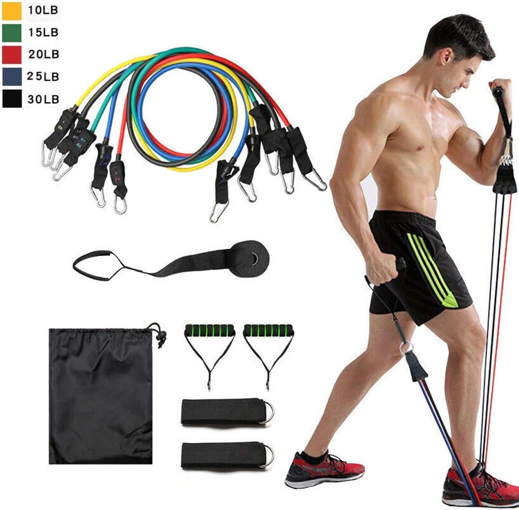 11 Pieces Exercise Band Resistance Bands Sport Set, Home Fitness Equipment For Arm Legs & Glutes -5 Fitness Tubes, 2 Foam Handles, 2 Ankle Straps, Door Anchor, Carrying Pouch -Yoga,Pilates, Physio Gym
