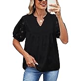 CiCiBird Women's Babydoll Top V Neck Puff Sleeve Eyelet Blouse Loose Fit Peplum Casual Dressy Shirts