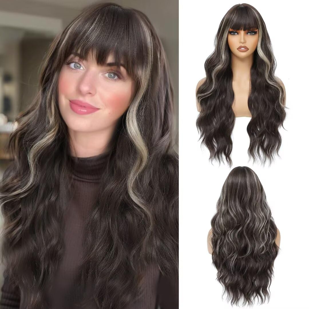 Photo 1 of Alimiriam Brown Wig With Bangs Brown Hightlight Long Wavy Curly Synthetic None Lace Front Wigs for Women Glueless Wig with Bangs Heat Resistant Wigs for Cosplsy Halloween Daily Party Use 26 Inches