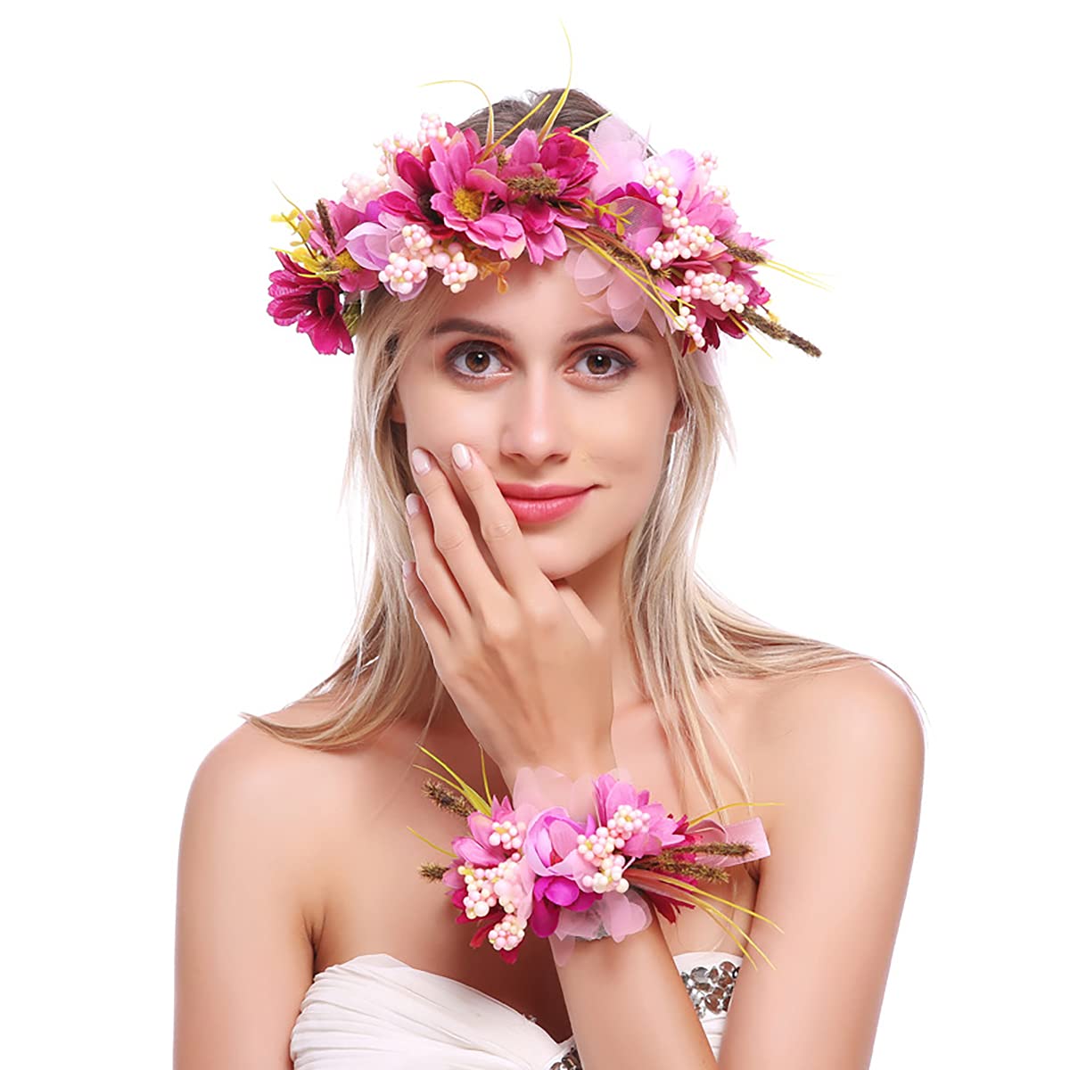 Nature Berries Wedding Flower Crown for Women Girls Floral Headband Garland Wrist Band Set (Red2)