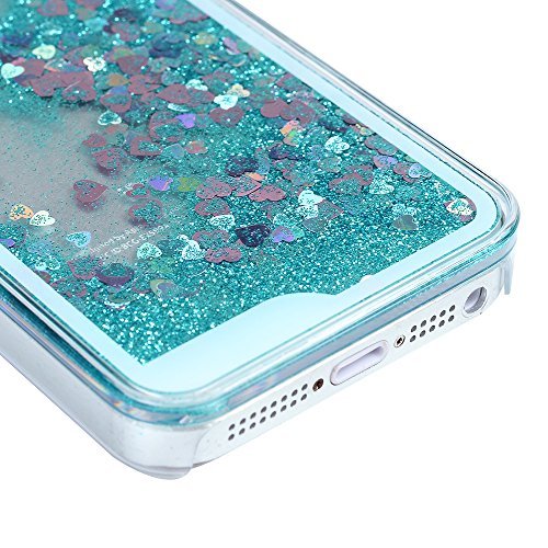 iPhone SE/ 5S/ 5 Case MAXFE.CO Clear Flexible Phone Cover Shiny Glitter Heart Shape Floating Liquid Tiffany Blue Slim Fit Protective Shockproof Anti Scratch Case + Rhinestone Dust Plug + Touch Pen