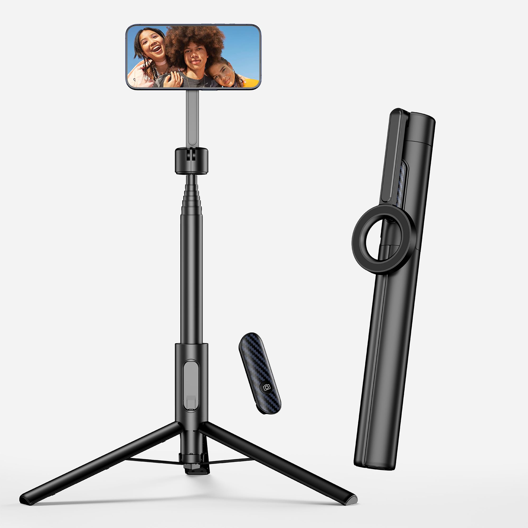 SEAJIC Magnetic Phone Tripod for iPhone 64" Selfie Stick with Remote and Metal Ring, Automatic Pop-up Travel Tripod for Cell Phone Video Recording/Photography/Vlogging (Balck) (Black2)
