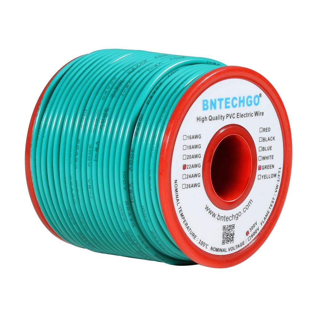 BNTECHGO 22 AWG 1007 Electric wire 22 Gauge PVC 1007 Wire Solid Wire Hook Up Wire 300V Solid Tinned Copper Wire Green 100 ft Per Reel For DIY