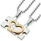 COOLSTEELANDBEYOND A Pair Steel Heart Puzzle Pendant Necklace for Lovers Couples Mens Womens Friends Silver Gold