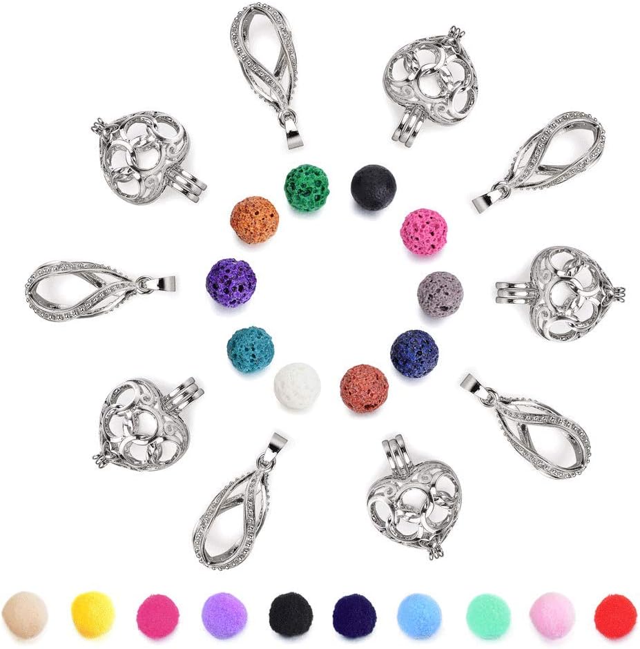 10pcs Mixed Heart-Shaped, Drop-Shaped Hollow Aromatherapy Diffuser Essential Oils Pendant Sets for Jewelry Making