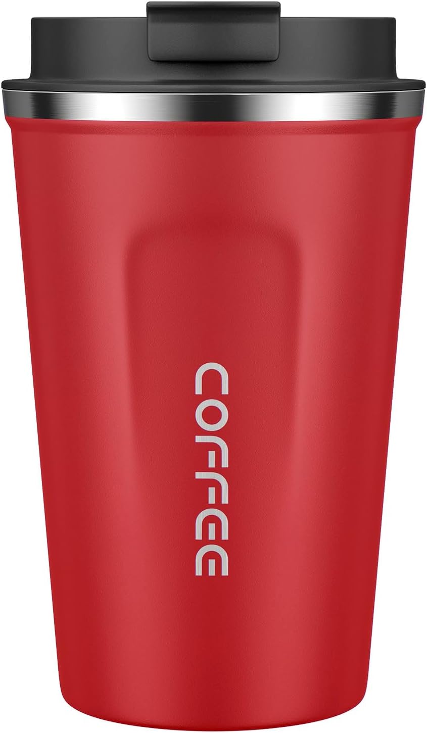 MOMSIV 380ml Stainless Steel Coffee Cup with Leak-Proof Lid Red