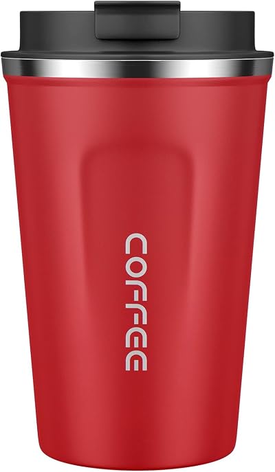 MOMSIV 380ml Stainless Steel Coffee Cup with Leak-Proof Lid Red