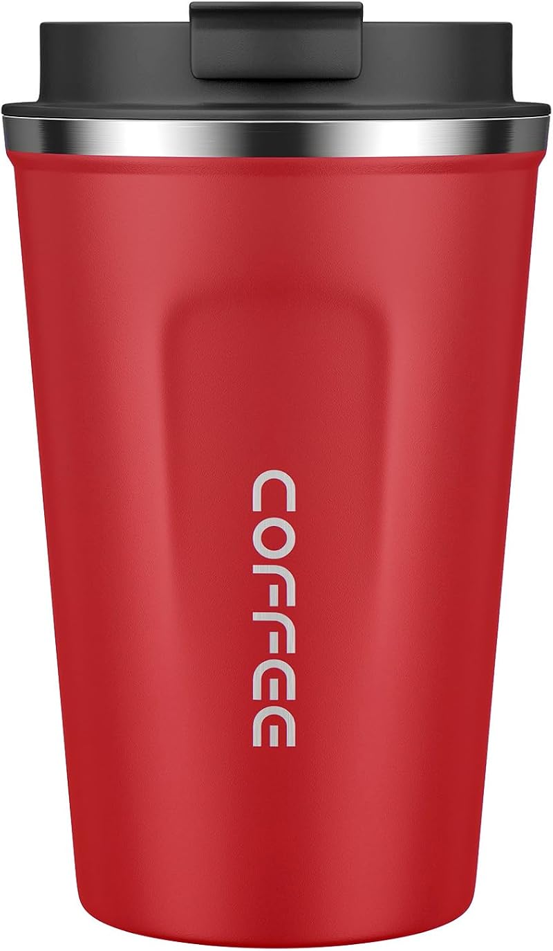 MOMSIV 380ml Stainless Steel Coffee Cup with Leak-Proof Lid Red
