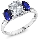 Gem Stone King 10K White Gold White Topaz Blue Sapphire and White Diamond Oval 3-Stone Engagement Ring For Women (2.20 Cttw, Gemstone November Birthstone)