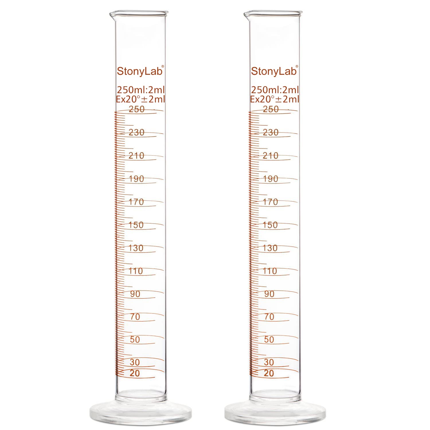 StonyLab 2-Pack Borosilicate Glass 250ml Heavy Wall Graduated Cylinder Measuring Cylinder, 250ml