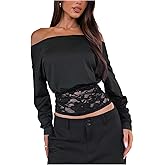 SweatyRocks Women's Off The Shoulder Crop Tops Long Sleeve Lace Trim Going Out Shirts