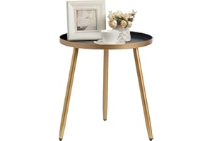 AOJEZOR Round End/Side Tables for Living Room, Bedrooms Narrow Night Stands Cute Pedestal Plant Stand for Balcony, Black Tray with 3 Legged Gold Coffee/ Accent Table