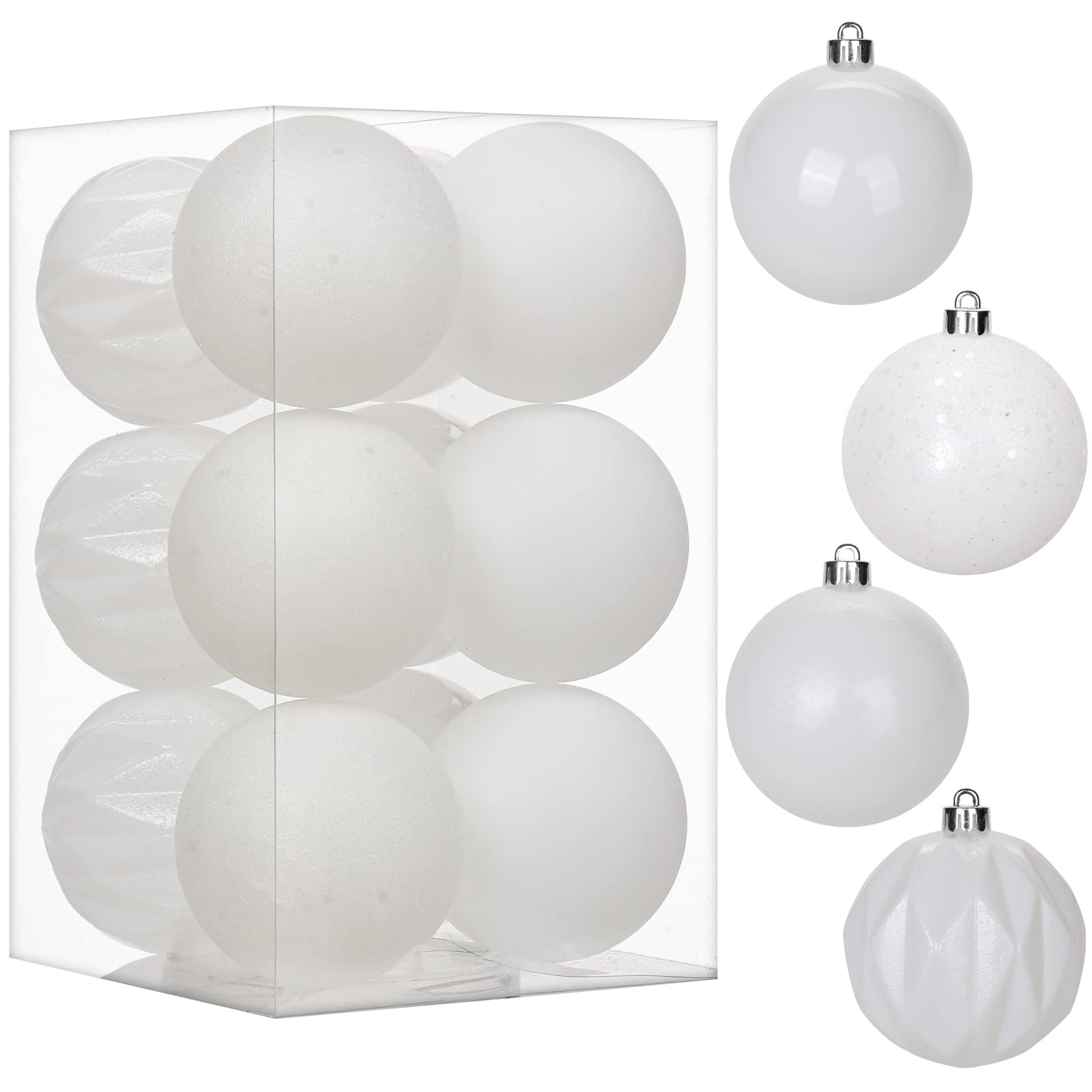 12 pcs Christmas Baubles Xmas Ball Ornaments with Strings, 80mm/3.1" White Shatterproof Plastic Hanging Decorations, Christmas Tree Pendants for Home Party Wedding Holiday