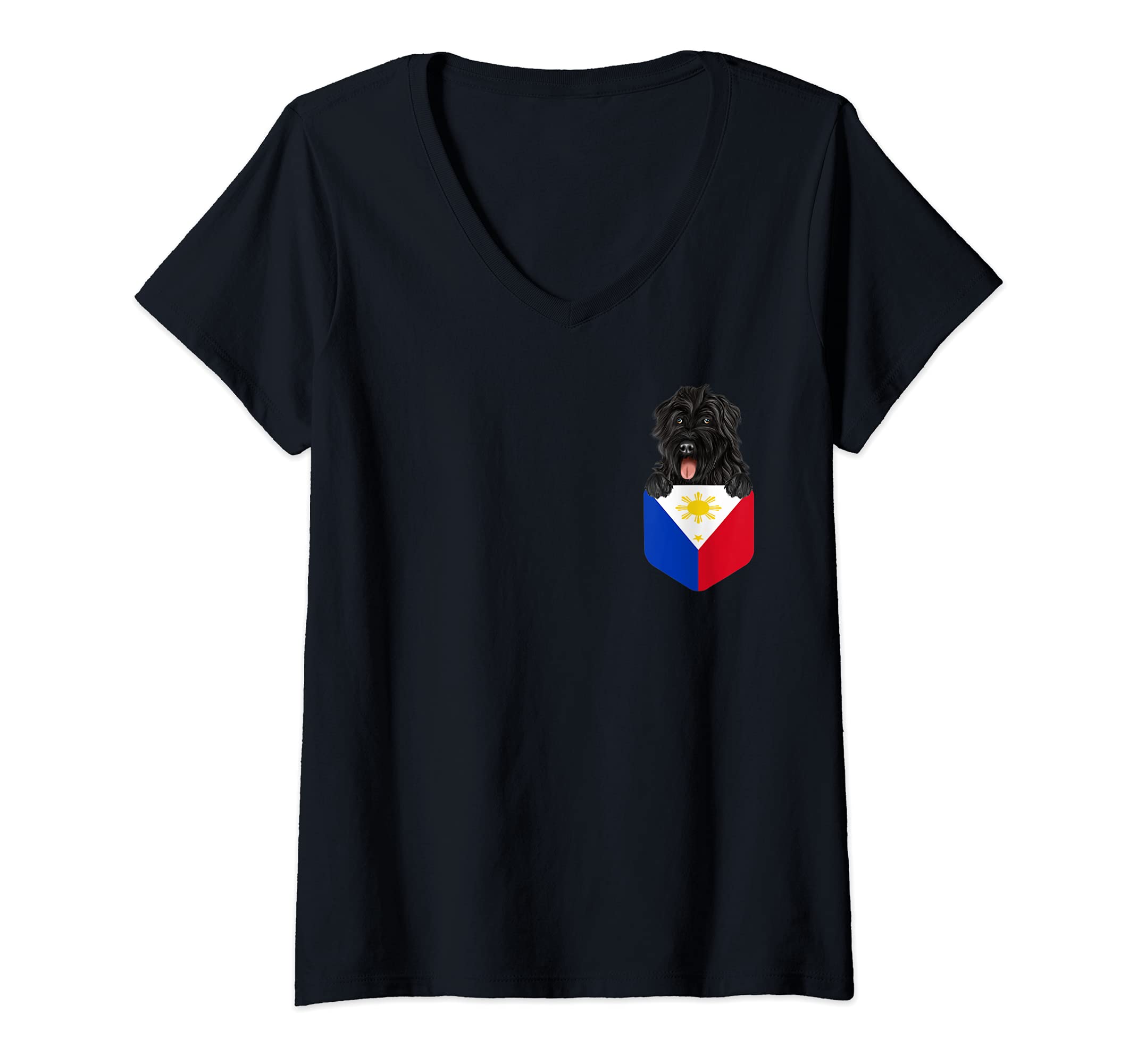 Womens Philippines Flag Bouvier des Flandres Dog In Pocket V-Neck T-Shirt
