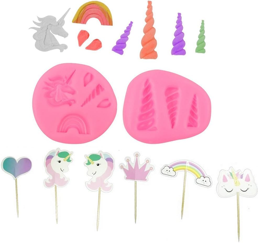 Damxia Unicorn Candy Mold Cake Topper Set,DIY Sugarcraft Baking Fondant Candy Chocolate Cupcake Cookies Cake Embossing Molds,Unicorn Horn,Ears and Rainbow Cupcake Decoration Mould,