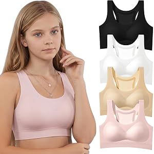 YuaLov Girls Sport Bra 4 Pack Ice Silk Breathable Wireless Bustier for Girls 10-18 Years Comfortable Kids Training Bra