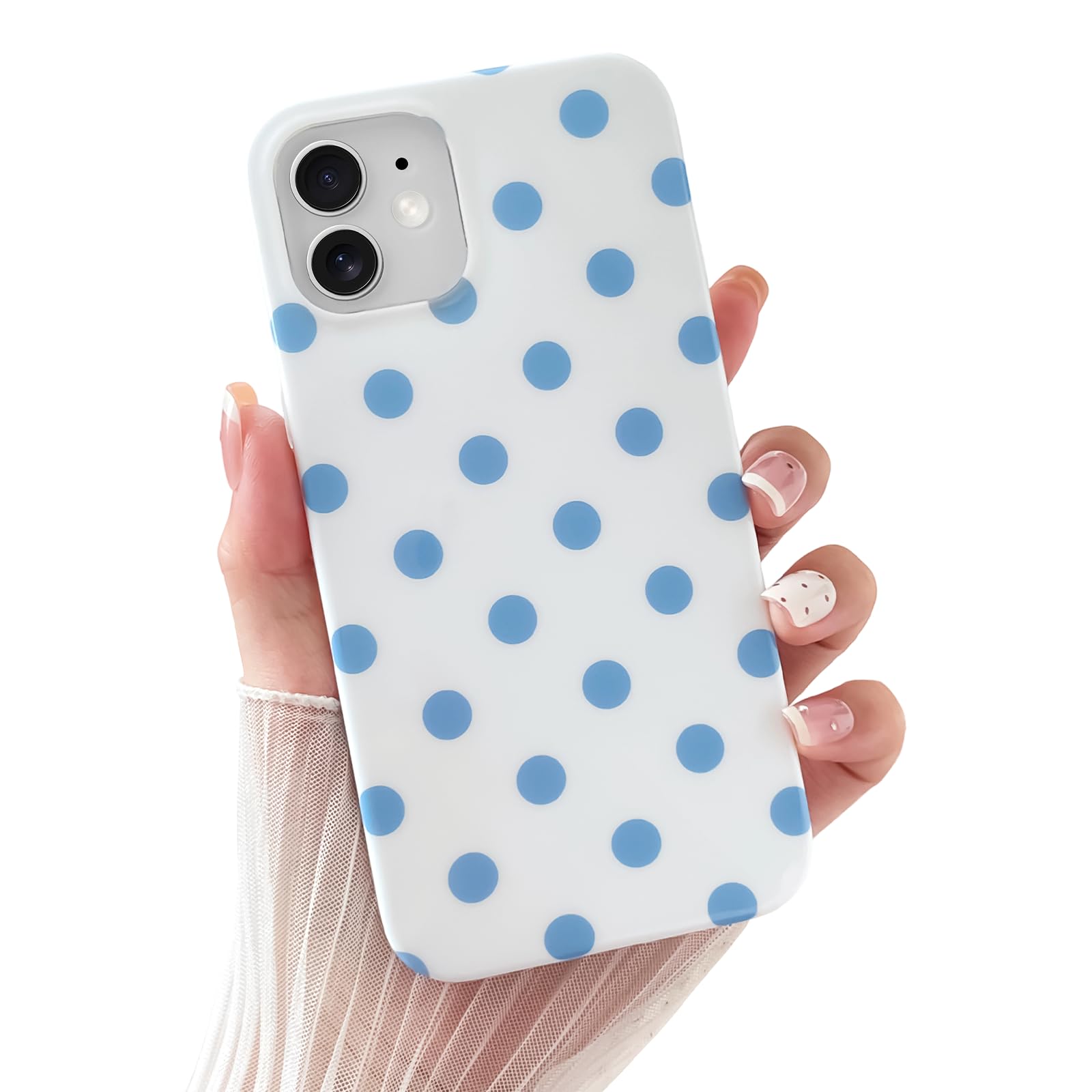 Skyseaco for iPhone 12 Case Cute Polka Dot Aesthetics Design Phone Case Soft Slim TPU Shockproof Phone Cover for Women Girls, White and Blue