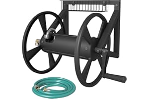 Artigarden Triangle Wall Mounted Garden Hose Reel, Outdoor Heavy-Duty Water Hoses Holder Winder, Holds 125 Ft of 5/8-Inch Hose, with 3.9 ft Leader Hose, Brass Fitting, Storage Basket for Yard, Black