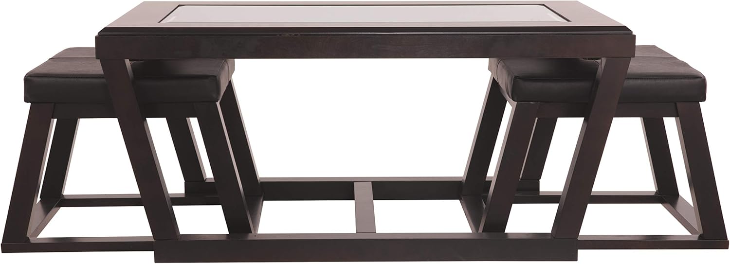 Signature Design by Ashley - Kelton Glass Top Coffee Table with 2 Stools - 3 Piece Set, Espresso Brown: Furniture & Decor