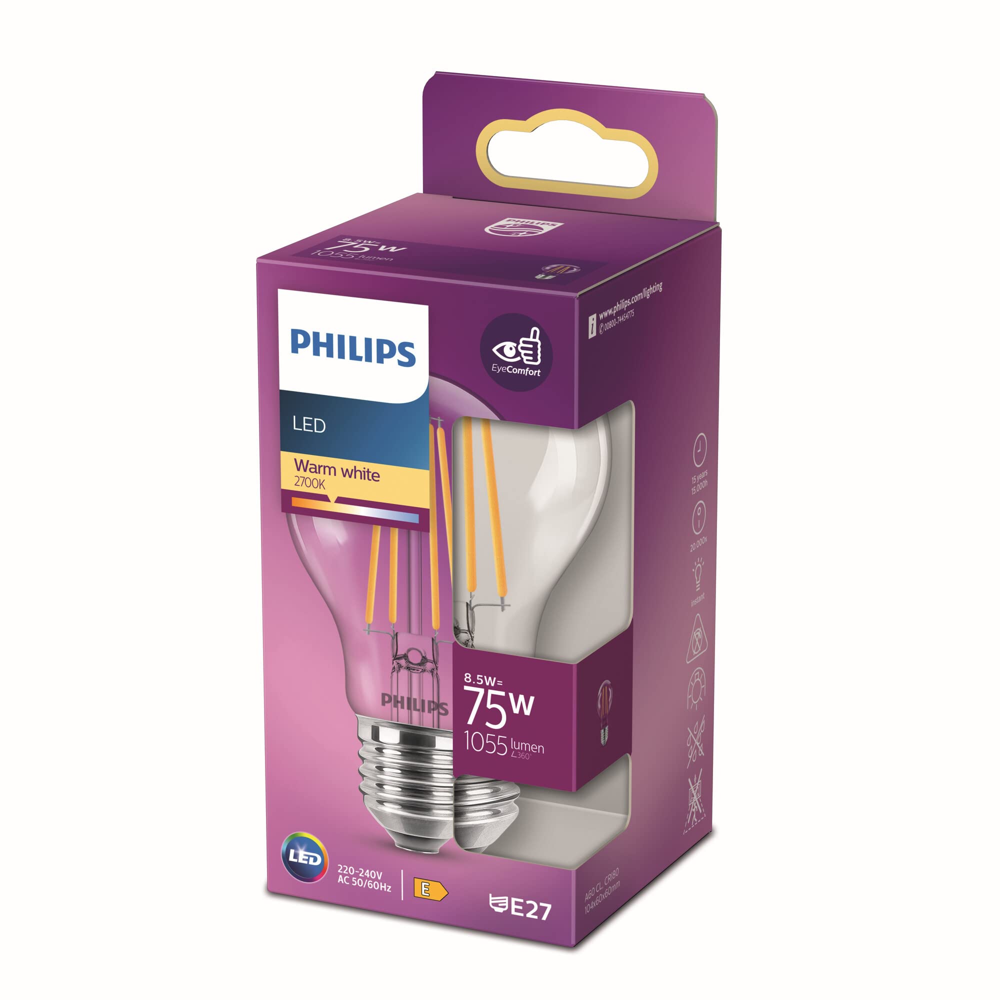 Philips LED Premium Classic A60 Light Bulb [E27 Edison Screw] 8.5W - 75W Equivalent, Warm White (2700K), Non Dimmable