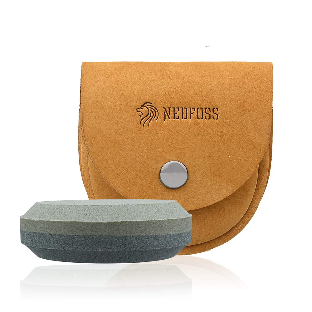 NedFoss Axe Sharpener Tool with Leather Sheath, Sharpening Puck Whetstone Axe & Tools Sharpening Stone, Double Grain Multi-Function Sharpener (Bro — image 1