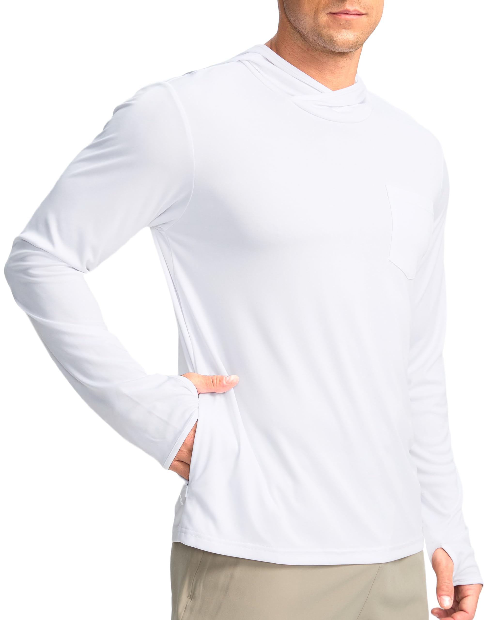 Photo 1 of Men's Sun Protection Shirts UPF 50+ Long Sleeve Hoodie with 2 Pockets UV SPF Fishing Hiking Rash Guard Shirts (White, Medium)