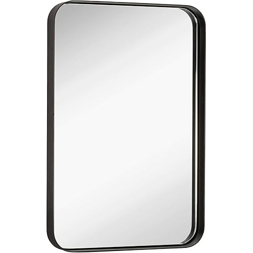 Hamilton Hills Contemporary Brushed Metal Wall Mirror | Glass Panel Bronze Framed Rounded Corner Deep Set Design | Mirrored Rectangle Hangs Horizontal or Vertical (16" x 24")
