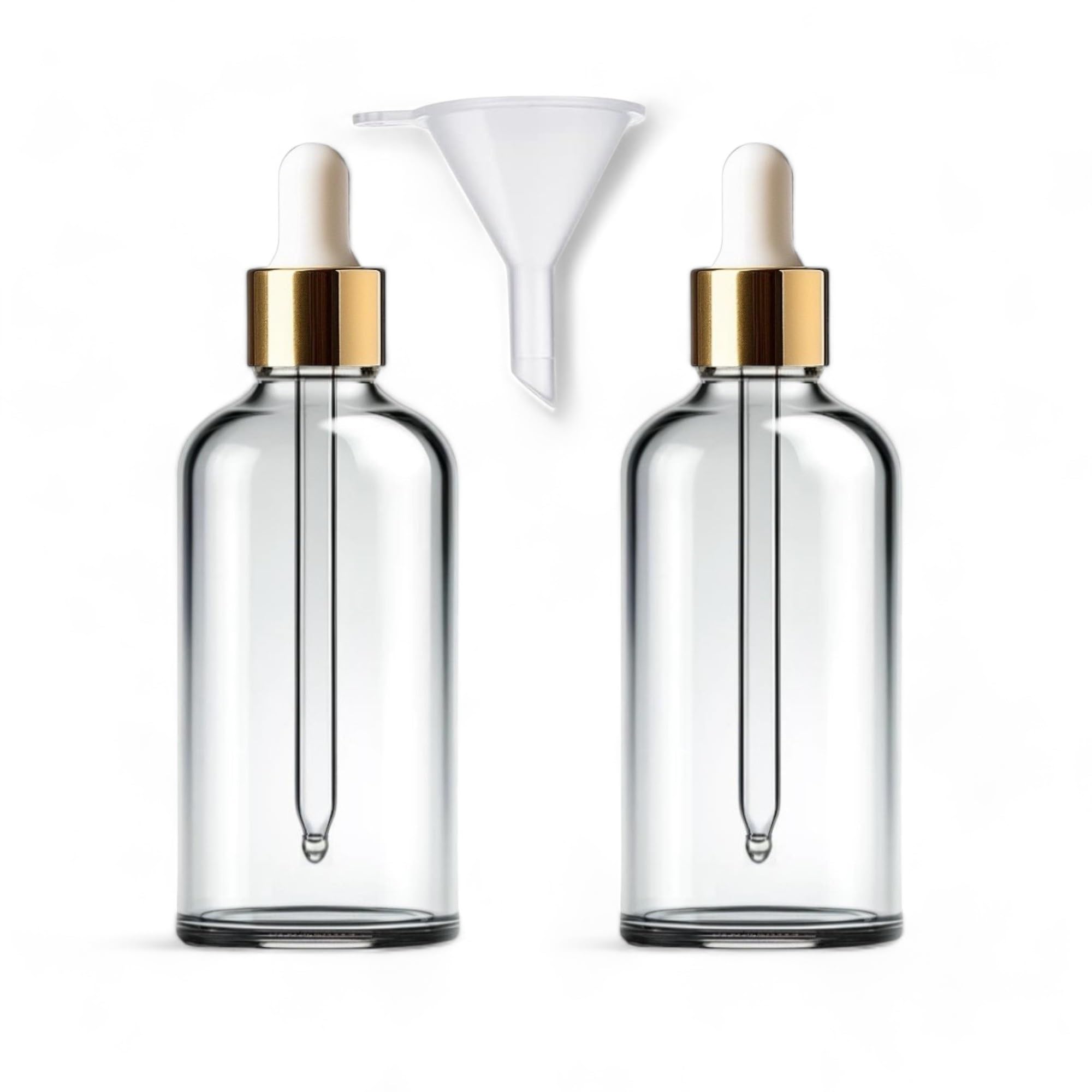 Avalon 100ml Clear Glass Dropper Bottles (Pack of 2) with White & Gold Glass Dropper Pipette + Funnel, Reusable Refillable Eco Friendly, Sustainable Living, Cosmetic Containers for Beauty & Skincare