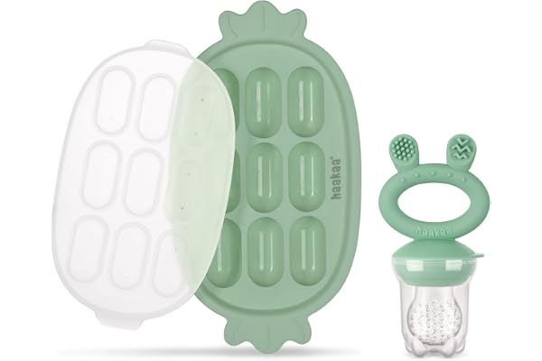Haakaa Baby Fruit Food Feeder & Silicone Freezer Nibble Tray Combo - Breastmilk Popsicle Mold for Baby Cooling Relief, BPA Free Baby Mesh Food Feeder for Infant Self Feeding - Pea Green