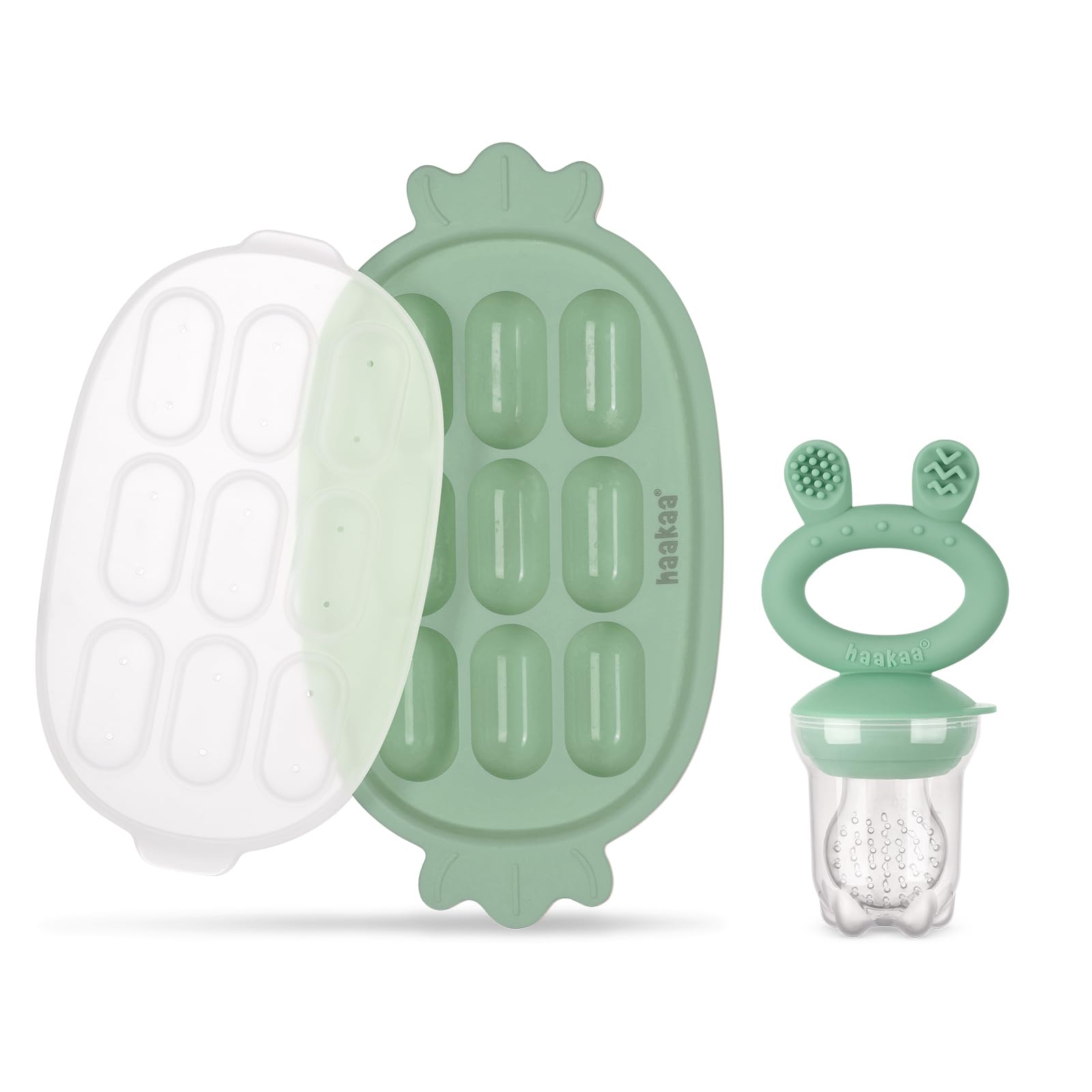 Photo 1 of Haakaa Baby Fruit Food Feeder & Silicone Freezer Nibble Tray Combo - Breastmilk Popsicle Mold for Baby Cooling Relief, BPA Free Baby Mesh Food Feeder for Infant Self Feeding - Pea Green