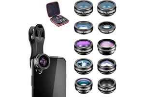 Apexel 10 in 1 Phone Camera Lens Kit Wide Angle/Macro/Fisheye/Telephoto/CPL/Flow/Radial/Star Filter/Kaleidoscope Lens for iPhone and Most Phone Black