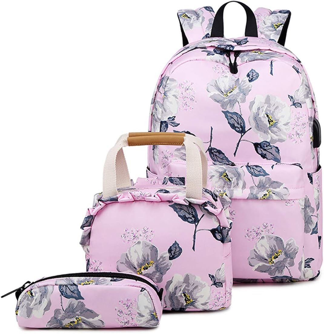 Backpack Set Flower School Bookbag Laptop Bag Daypack Lunch Tote Bag Clutch Purse Pencil Case USB 3 in 1