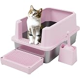 RIZZARI Stainless Semi-Closed Litter Box: High-Sided Open for Large Cats | 304 Stainless Bottom / 6.5" High Splash Guard / Low Front Entry / Spacious for Large Breeds / 30-Second Tool-Free Assembly
