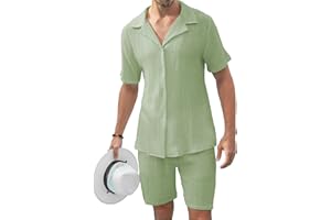 KUYIGO Men's 2 Pieces Beach Outfit Cotton Set Short Sleeve Button Down Shirts Beach Shorts Summer Casual Outfits