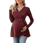 OUGES Women's Maternity Tunics Tops Shirts Long/Short Sleeve Wrap V Neck Nursing Maternity Clothes Casual Pregnancy Blouse