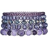 DATOA Bohemian Beaded Bracelets for Women Multilayered Glass Faceted Beads Stretch Bracelet Stackable Boho Disco Ball Purple Jewelry