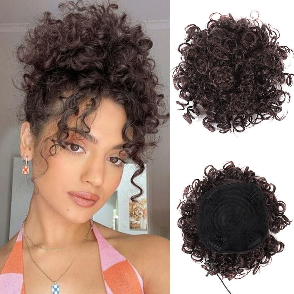 FDEETY Messy Bun Short Ponytail Hair Piece Drawstring Hair Extensions Curly Wavy Hair Puff Synthetic for Women Scrunchy Fake Hairpieces Accessories Scrunchies((Medium Brown)