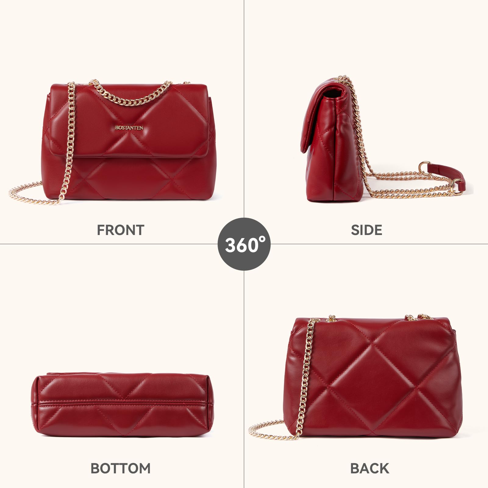 BOSTANTEN Shoulder Bag for Women Small Purse Vegan Leather Quilted Crossbody Bags With Chain Trendy Ladies Handbags