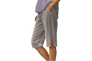 TIMIFIS Plus Size Bermuda Shorts for Women Knee Length Cotton Linen Shorts Casual Summer Elastic Waist Short with Pockets