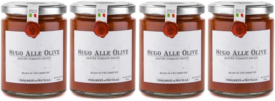 Frantoi Cutrera - Sugo Alle Olive - Olives Tomato Sauce Varieties Tonda Iblea and Nocellara ( Green and Black Olives ) 10.23oz (290g) - Pack of 4