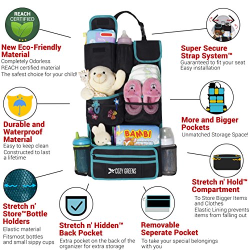 Car Organizer for Back Seat | Eco-Friendly & Strong | Kick Mat Protects Backseat | Free Visor Organizer | Storage for Toys, Travel Accessories, Tablet | Baby Shower Gift Box (Green and Black)