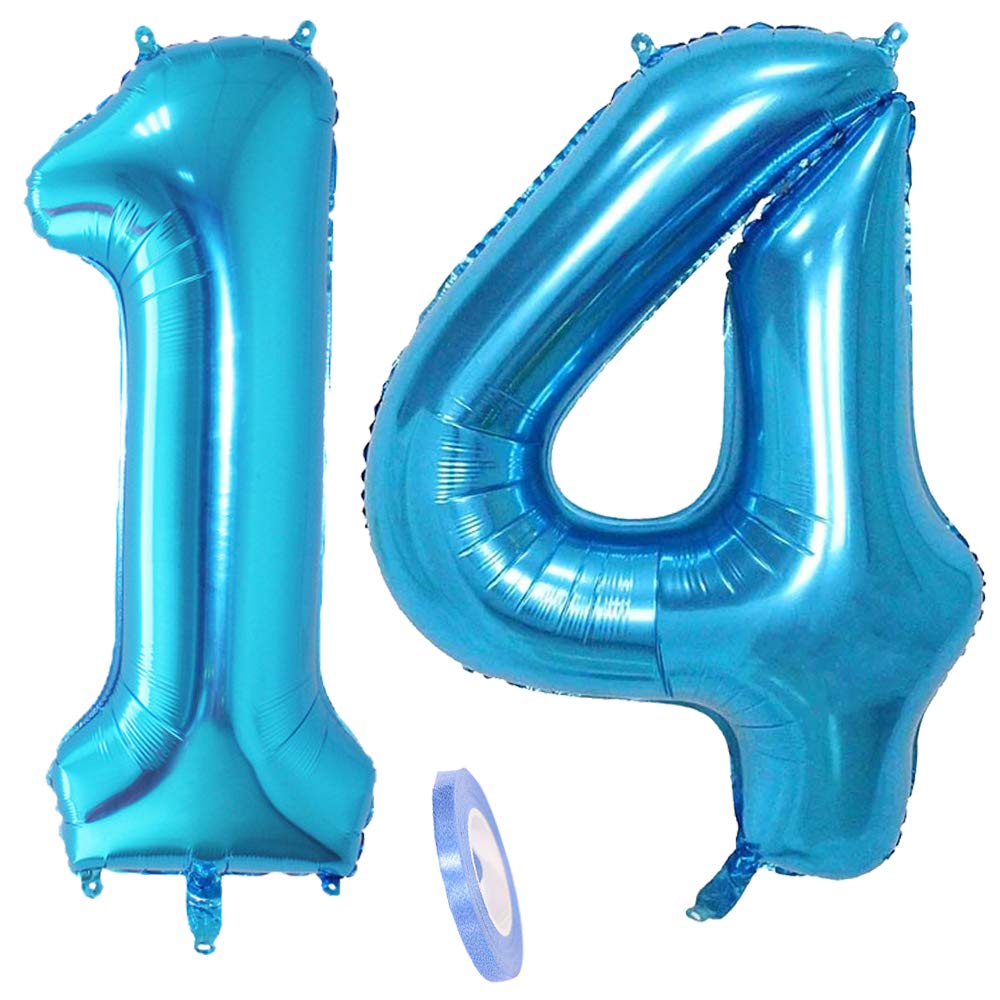 2 Balloons Number 14, Number Balloon Blue Girls Boys 40 Inch Giant Inflatable Helium Foil Balloon Blue Balloons Figures for Birthday 14th Years Children Boys Party Decoration (XXXL 100 cm)