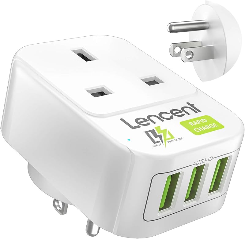 LENCENT UK to US Plug Adapter with 3 USB Ports Type B