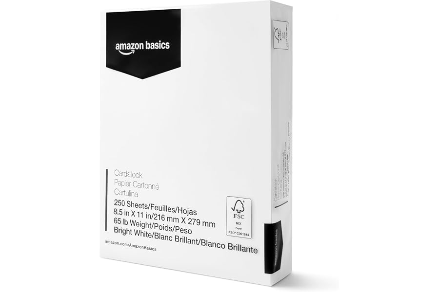 Amazon Basics Cardstock Paper, 8.5" x 11", 65 lb/176 gsm, 96 Bright White, 250 Sheets