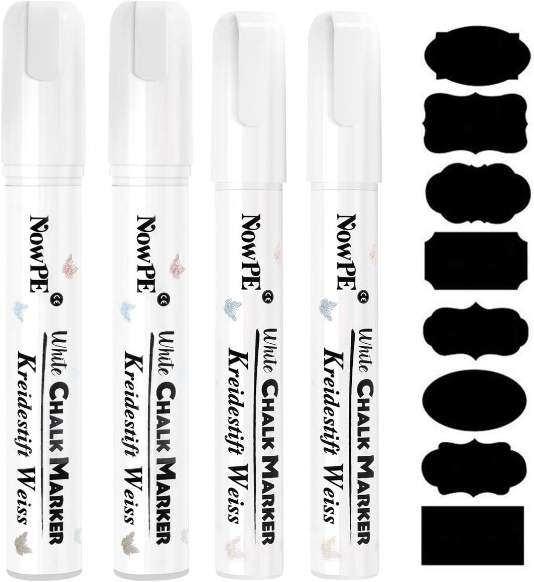 NowPE White Chalk Marker Pen, 2pcs 6mm Chalk Pens + 2pcs 10mm Chalk Markers, Dry or Wet Wipe Erase
