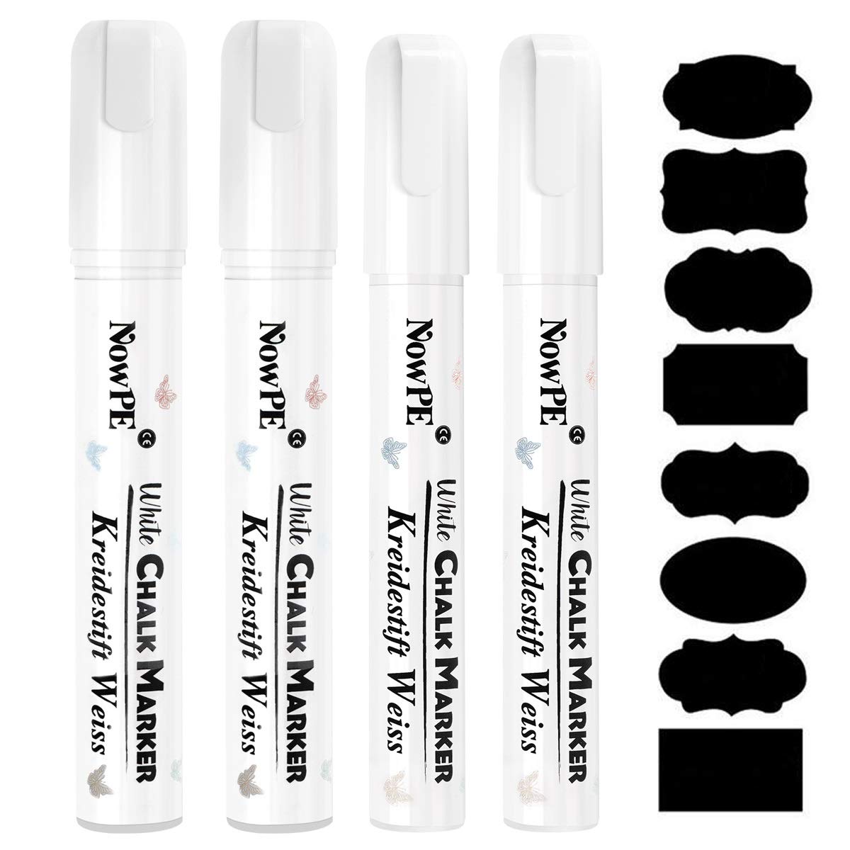 NowPE White Chalk Marker Pen, 2pcs 6mm Chalk Pens + 2pcs 10mm Chalk Markers, Dry or Wet Wipe Erase, 6mm Medium Tip and 10mm Thick Tip for Chalkbaord, Blackboard, Window & Glass, Packed with 16 Lables