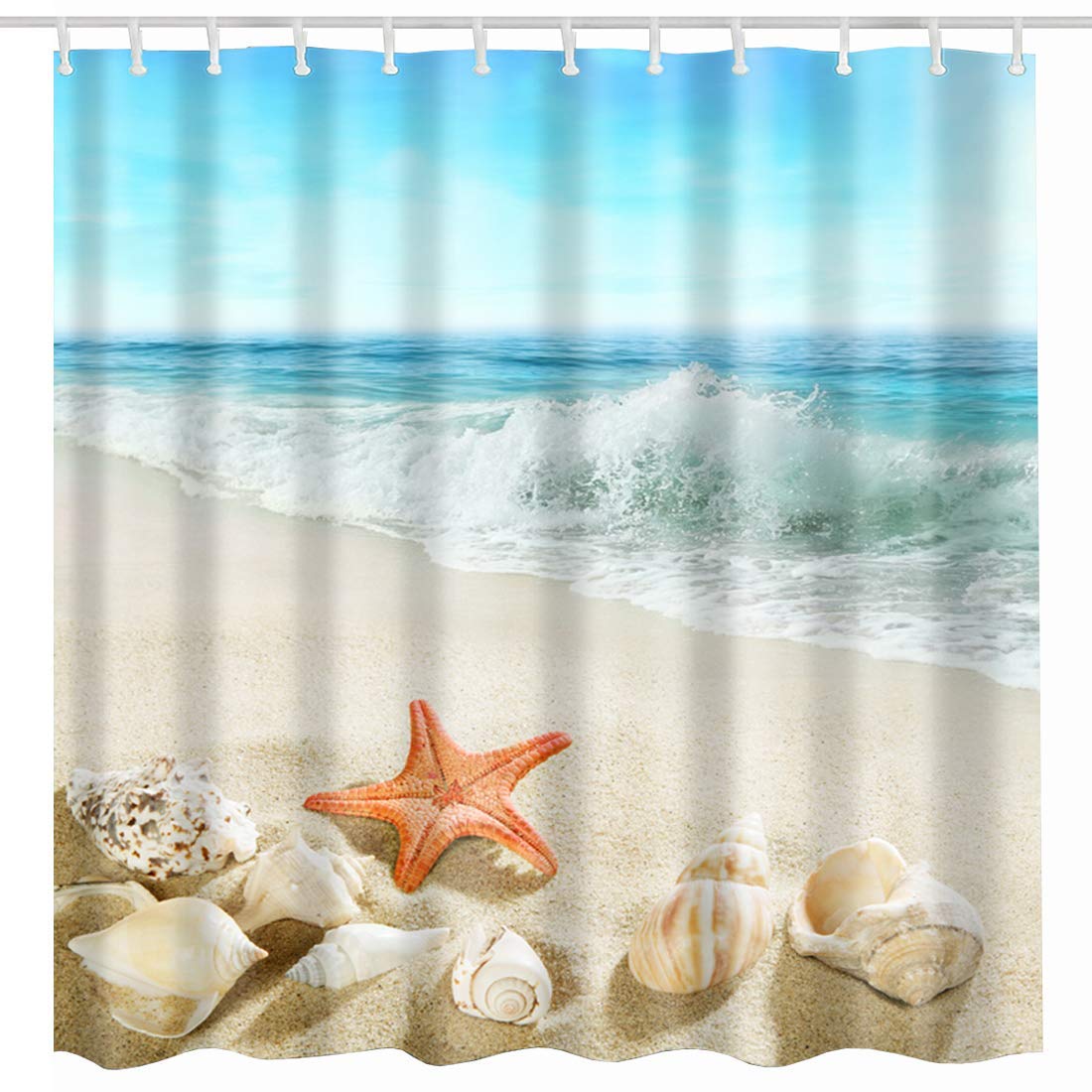 JOOCAR Design Shower Curtain, Beach Seashell Ocean Sea Shells Blue Ocean Water and Sky Tropical Hawaiian Seaside Art Print, Waterproof Cloth Fabric Bathroom Decor Set with Hooks